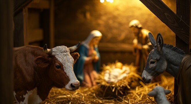 Captivating nativity scene featuring animals, Mary, Joseph, and infant in straw filled manger.