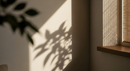 Soft sunlight casting plant shadows on a textured wall near a window