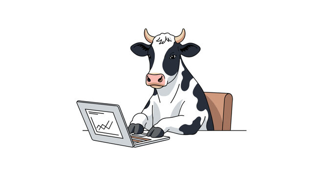 Cow using laptop with graph on screen in cartoon style