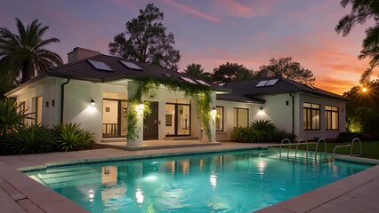 opulent residential property featuring an illuminated outdoor water feature and sophisticated architecture during the evening