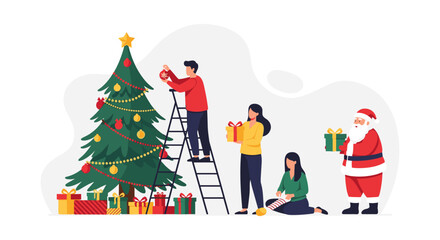 Family decorating christmas tree with santa and gifts in festive scene