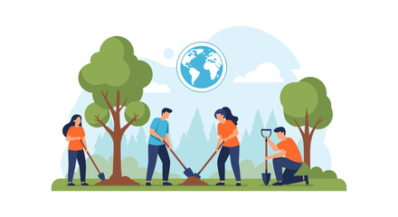Fototapeta premium Eco-friendly volunteers planting trees for earth conservation in nature