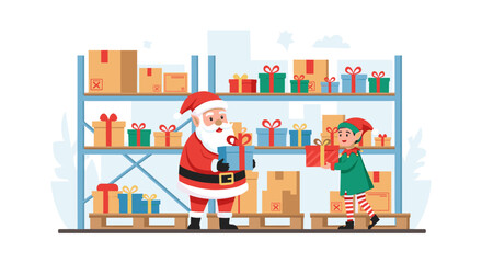 Santa and elf in warehouse organizing christmas gifts on shelves