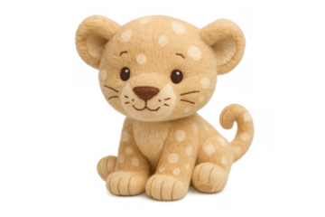 Plush toy leopard cub sitting, soft spotted stuffed animal for children, transparent background