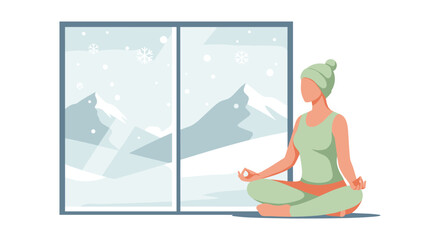 Obraz premium Meditation in winter: woman practicing yoga indoors with snowy mountain view