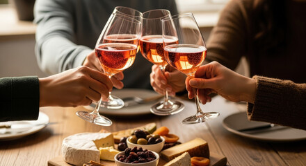 Group of people toasting with sparkling rose drinks at a table indoors with a cheese and snack board