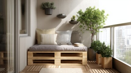 balcony with pet bed on wooden bench, feeding bowls on wall base, natural light, scandinavian eco style