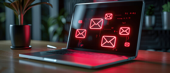 Laptop displaying red digital warning icons representing phishing, spam email, cybersecurity risk, data protection and online security concept.