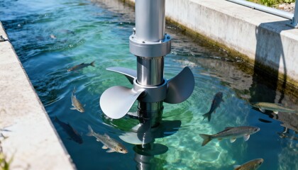 Verticalaxis turbine captured in medium shot demonstrating innovative submerged design features that enable safe fish migration through gentle water currents.
