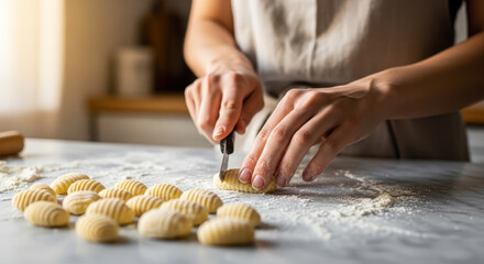 A person making homemade gnocchi pasta on a marble kitchen counter during a bright sunny day