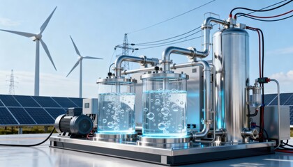 Medium shot of an advanced electrolysis system splitting water into hydrogen and oxygen using windgenerated electricity in a clean industrial setup.