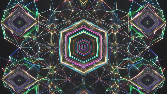 A vibrant non-representational backdrop featuring a geometric pattern of interconnected points and linear elements forming a complex structural