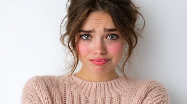 Young woman showing an upset or regretful expression with a pleading look. Feeling embarrassed and worried. Her cheeks blushing red against a clean background