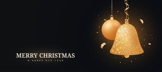 Golden Christmas bell, ball with confetti and glitter isolated on black background. Glowing realistic 3D bell. Luxurious golden Christmas background. Vector illustration