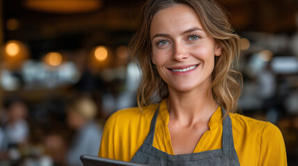 Empowered woman restaurant owner smiling confidently, managing her successful small business and providing excellent customer service in her modern cafe