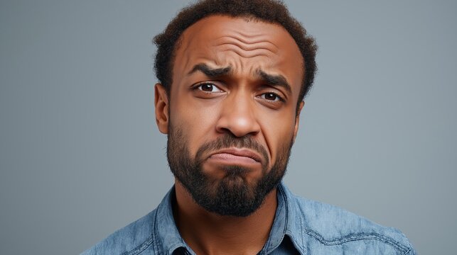 African american man having a doubtful facial expression. Frowning. Looking at camera. Feeling unsure and hesitant. Portraying confusion. Disapproval