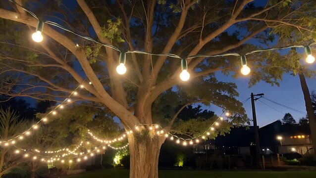 Ornamental  Exterior String Lighting Suspended from the Branches of a Tree in a Residential Garden During the Evening
