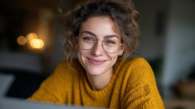 Young woman with a genuine smile and dimples, wearing glasses and a mustard yellow sweater, creating a welcoming and friendly atmosphere with soft lighting bokeh in the background - Powered by Adobe