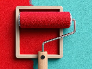 Obraz premium Red Paint Roller and Brush on Pink Background for Graphic Design