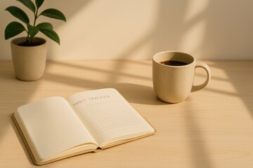 Open habit tracker notebook planning morning routine with potted plant and cup of coffee on wooden desk for self improvement and productivity