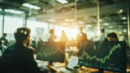 Financial professionals monitoring stock market charts on computer screens, managing investments in a dynamic trading office environment with blurred colleagues and warm sunlight