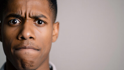 Fototapeta premium Young black man closeup with a prominent frowning expression, wrinkled forehead, and wide eyes, conveying intense emotions of confusion, anger, or stress against a neutral background
