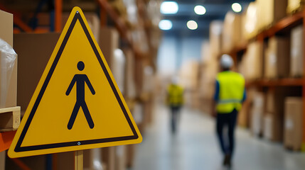 Stay Alert: Warehouse Safety First! Navigate aisles cautiously, watch for moving equipment, and ensure a safe working environment. Safety sign reminds workers to pay attention.