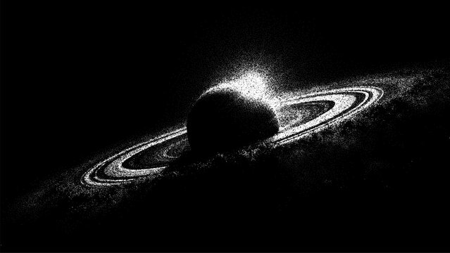 Halftone image of planet Saturn with rings, a celestial body in black and white stipple art for scientific illustration or space background.