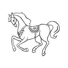 Whimsical horse line art illustration with flowing mane and patterned saddle. Perfect for coloring pages, kids crafts, nursery prints, folk art designs, DIY decor and tattoo outline inspiration.
