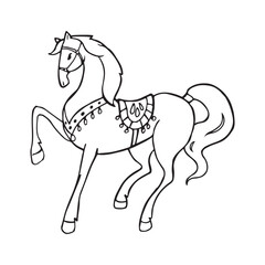 Black and white whimsical horse illustration with flowing mane and patterned saddle. Hand-drawn sketch style. Perfect for coloring pages, children’s designs, folk art prints and storytelling themes.
