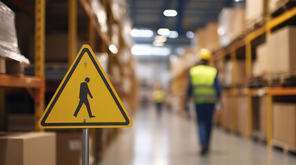 Caution sign displayed in a warehouse setting. Workers in safety gear walk amongst storage shelves. Keep a safe working environment with hazard notifications.