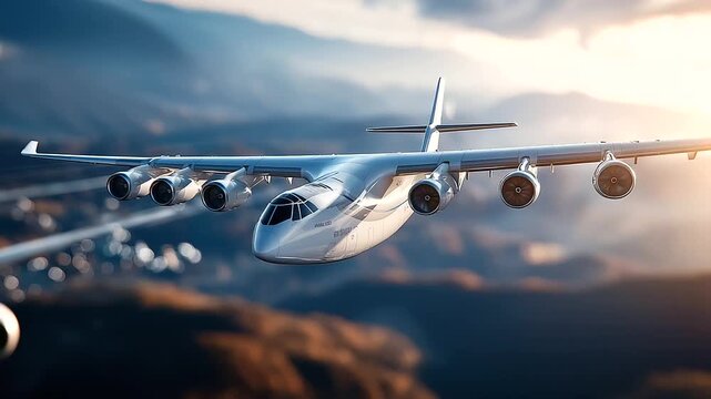 Aerial view of a heavy lift cargo plane in flight testing phase for new eco friendly hybrid propulsion system clear blue sky with contrails minimized for sustainability emphasis