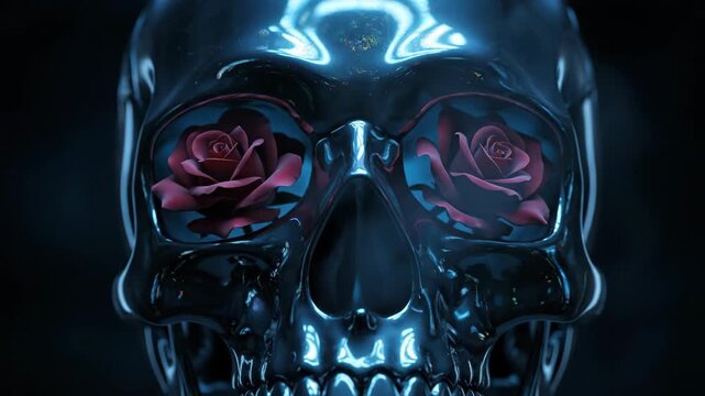 Metallic skull with red roses in eye sockets against a black background