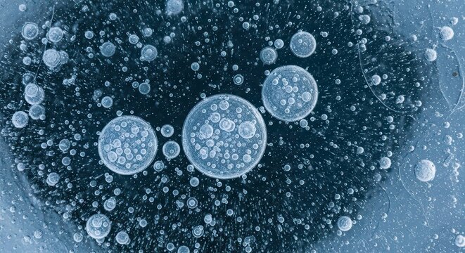 Beautiful abstract pattern of large, perfectly round air bubbles trapped within deep blue winter ice (बर्फ़ के बुलबुले)