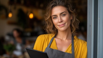 Confident female entrepreneur smiling, wearing an apron, holding a tablet, managing her small business, standing at a cafe entrance, embracing success and hospitality