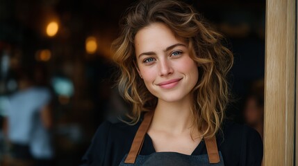 Young smiling barista welcoming customers at a cafe entrance, proudly representing small business, hospitality, and quality service, wearing an apron, looking at camera
