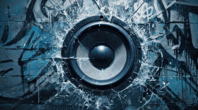 Colorful bursts of sound emerge from a shattered speaker set in a lively cityscape.