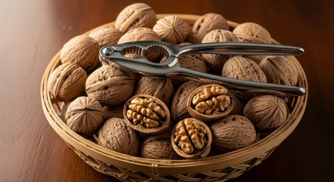 Walnuts and vintage metal nutcracker on rustic wooden surface
