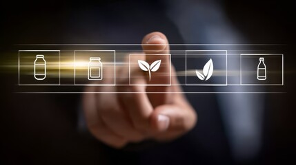 Human finger presses button technology interface detailed shot of finger activating button on control panel