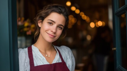 Happy young woman entrepreneur wearing apron, smiling while standing at the open door of a small business cafe, welcoming customers inside for warm service