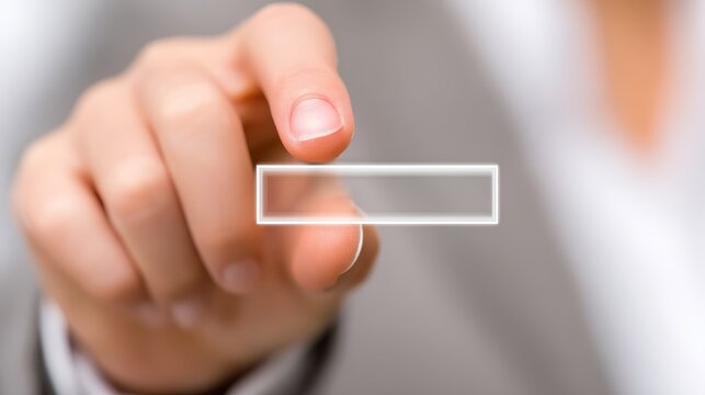 Hand touches digital button on interactive screen display close up shows human finger activating screen application