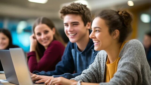 Youth group in church hall sharing Bible verses via social media posts on laptops group laughing and discussing digital outreach printed youth Bibles on tables energetic