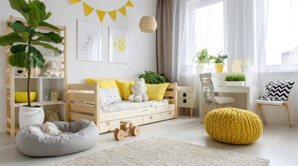 children's room with pet space, small pet bed, toys near bed, bright and cheerful decor