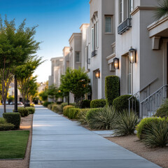 Fototapeta premium Modern residential sidewalk lined with manicured shrubs, green trees, and elegant townhouses under clear blue sky