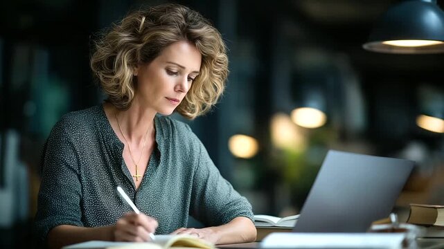 Pastor in a modest office preparing a live streamed sermon laptop screen showing online platform interface next to an open Bible notes and cross on desk focused and