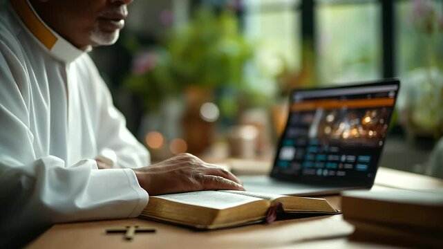 Pastor in a modest office preparing a live streamed sermon laptop screen showing online platform interface next to an open Bible notes and cross on desk focused and
