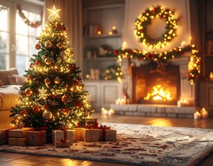 Sapin de Noël décoré – ambiance chaleureuse et festive dans un salon cosy