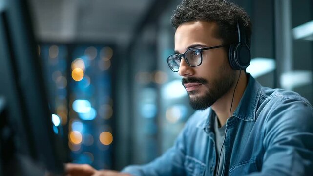 Deep learning specialist training models in a high performance computing room monitoring progress on servers with GPU stats wearing headphones for focus charts showing accuracy