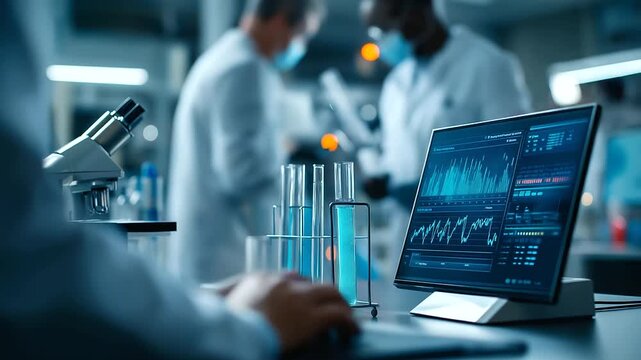 Laboratory setup for emissions analysis of SAF blended fuel in heavy lift aircraft engines graphs and spectrometers displaying reduced carbon output scientists in lab coats