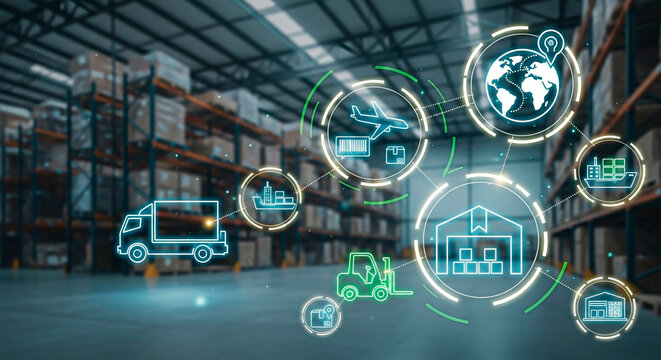 Modern warehouse with digital icons for the concept of logistics and supply chain. - Powered by Adobe
